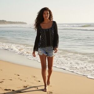 Free People Beaded Embellished Scoop Neck Flared Sleeve Relax Fit Tunic Top Sz M